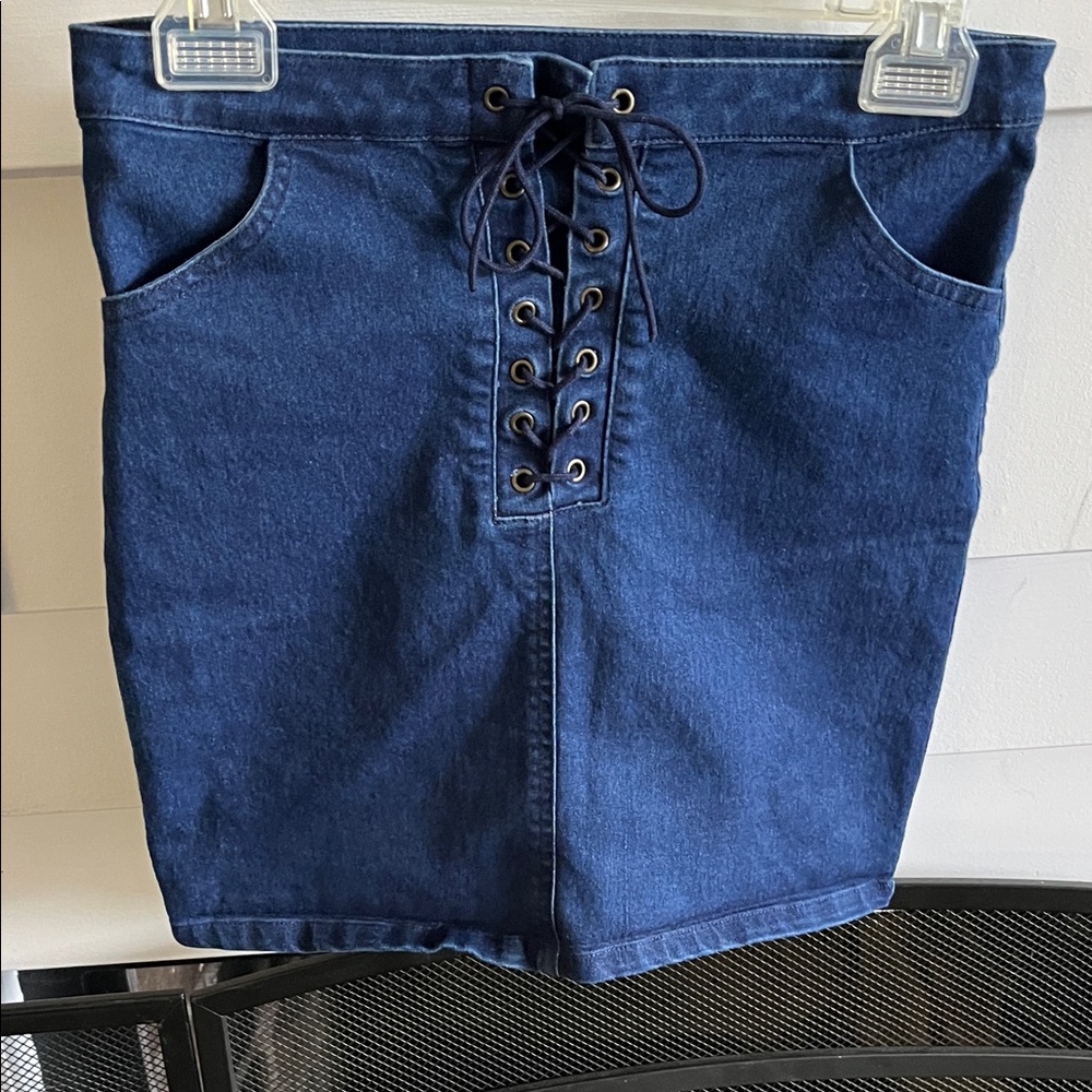 Forever 21 Blue Stretchy, Lace-Up Denim Straight Skirt, Size Small